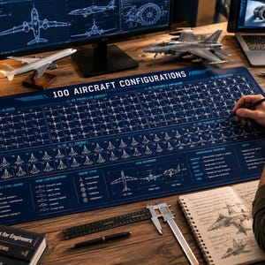 100 Aircraft Configurations Desk Mat | Aviation Blueprint Mouse Pad, Airplane Reference Chart