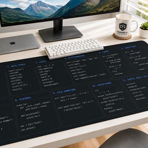 May include: A rectangular black desk mat featuring white and blue printed Python programming code snippets organized into eleven numbered sections, including variables, data types, lists, dictionaries, loops, conditions, functions, classes, and file handling.