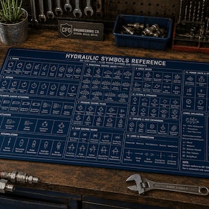 Könnte beinhalten: Eine rechteckige, dunkelblaue Schreibtischunterlage mit einem weißen technischen Aufdruck mit der Überschrift HYDRAULIC SYMBOLS REFERENCE. Die Unterlage zeigt verschiedene kategorisierte technische Diagramme, darunter Pumpen, Motoren, Zylinder, Ventile und Leitungen, mit detaillierten Symbolerklärungen und Abkürzungen.