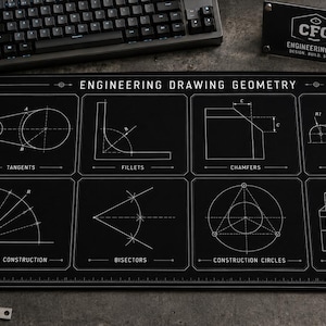 May include: A rectangular black desk mat featuring white technical diagrams and the text "ENGINEERING DRAWING GEOMETRY" at the top. The mat displays eight distinct sections illustrating geometric concepts including tangents, fillets, chamfers, arcs, radius construction, bisectors, construction circles, and projection lines.