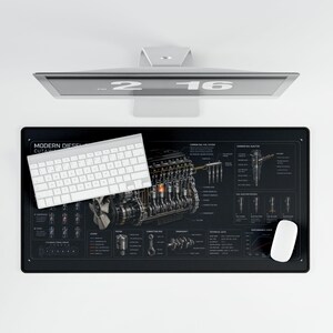 Modern Diesel Engine Cutaway Desk Mat - Common Rail Diagram Blueprint & Mechanic Gift