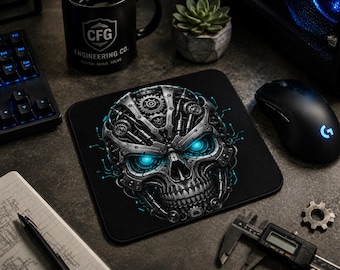 Kybernetischer Schädel Gaming Maus Pad | Blaue LED Roboterschädel