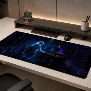Peut inclure: Un tapis de bureau rectangulaire présentant un graphique sombre et contrasté d'une silhouette bleue lumineuse assise devant un terminal informatique. Le motif inclut des traînées de lumière bleu profond et violet sur un fond noir.