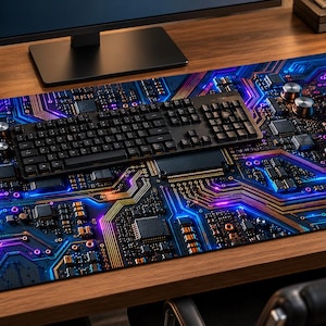 May include: A rectangular desk mat featuring a vibrant, high-contrast digital circuit board pattern in shades of neon blue, purple, and orange. The mat is positioned on a wooden surface, supporting a black computer keyboard and a black computer mouse.