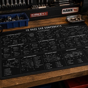 May include: A black rectangular desk mat featuring a white technical diagram titled 60 RACE CAR COMPONENTS. The mat displays detailed line drawings of various automotive parts, including suspension, braking, transmission, and powertrain systems.
