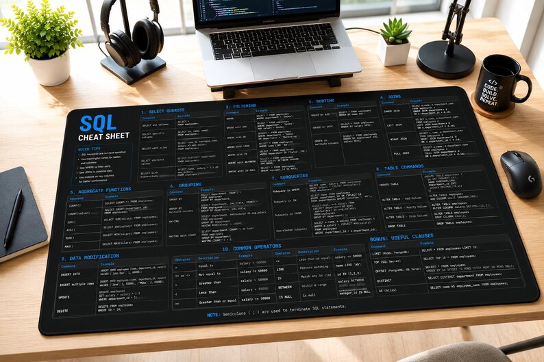 Alfombrilla de escritorio con hoja de trucos de SQL / Referencia de programación, tema oscuro imagen 4