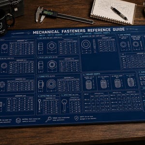 Peut inclure: Un tapis de bureau rectangulaire bleu foncé avec une impression technique blanche intitulée MECHANICAL FASTENERS REFERENCE GUIDE. Le tapis affiche des tableaux, des schémas et des dimensions pour divers boulons, écrous et rondelles.