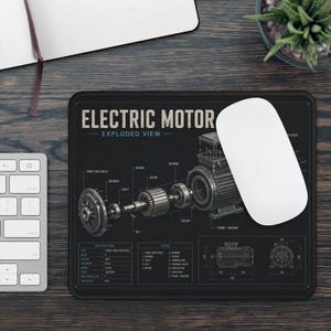 May include: A rectangular black mouse pad featuring a white technical diagram of an electric motor in an exploded view. The design includes labels for components, a specifications table, a legend, and technical drawings with metric dimensions.