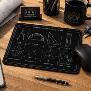 Puede incluir: Una alfombrilla de escritorio rectangular negra con diagramas de líneas blancas etiquetados como Geometry Construction Collection, que incluyen un compás, transportador, escuadra, regla, construcciones de círculos y ángulos, cuadrícula y espiral áurea.