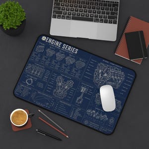 Engine Blueprint Desk Mat, V8 Engine Mouse Pad, Automotive Engineering Desk Setup, Mechanic Gift, Car Enthusiast Desk Mat, Blueprint Art