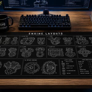Engine Layouts Blueprint Desk Mat | Engine Configuration Chart, V8 Inline Six Boxer Rotary