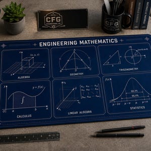 May include: A rectangular dark blue desk mat featuring white printed diagrams and text labeled Engineering Mathematics. The mat displays six sections covering algebra, geometry, trigonometry, calculus, linear algebra, and statistics with mathematical formulas.
