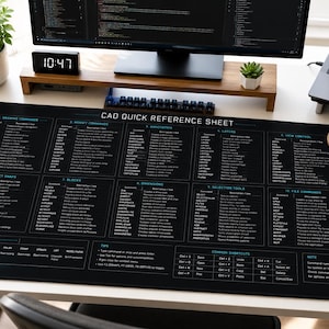 Könnte beinhalten: Eine rechteckige schwarze Schreibtischunterlage mit einem CAD-Kurzreferenzblatt in Weiß und Blau, das verschiedene Befehle, Tastenkombinationen und technische Anweisungen enthält, unterteilt in Bereiche wie Zeichnen, Ändern und Ebenen.