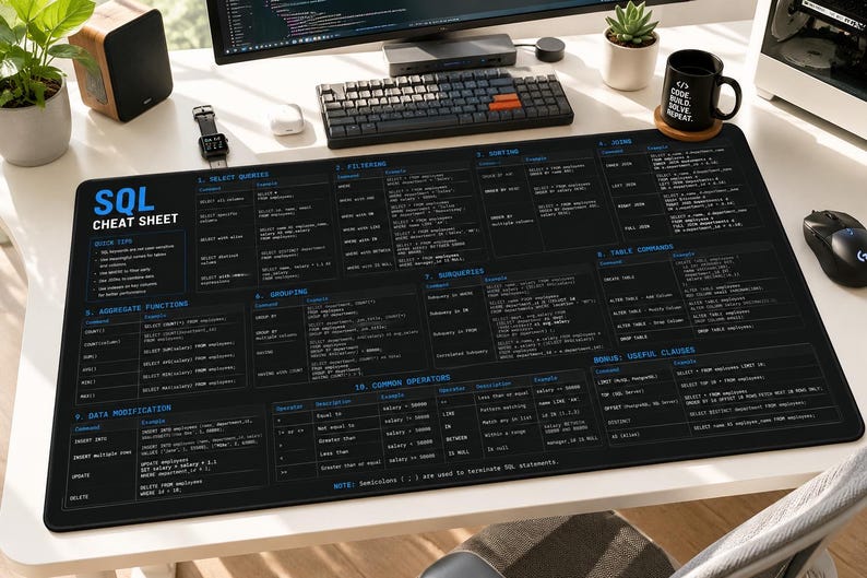 Alfombrilla de escritorio con hoja de trucos de SQL / Referencia de programación, tema oscuro imagen 3