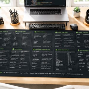 Op de afbeelding: Een rechthoekige zwarte bureaumat met een wit raster van spreadsheetformules, functies en sneltoetsen. De mat bevat tien gecategoriseerde secties met wiskundige, tekst-, datum-, opzoek- en logische functies voor gegevensanalyse.