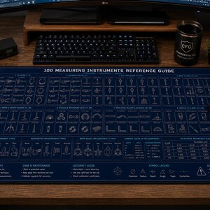 Puede incluir: Una alfombrilla de escritorio rectangular de color azul oscuro con un estampado técnico blanco titulado 100 MEASURING INSTRUMENTS REFERENCE GUIDE. La alfombrilla muestra diagramas detallados de varios calibres, micrómetros y medidores, junto con tablas.