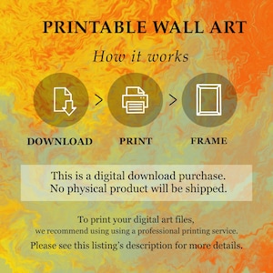 Puede incluir: Un gr&aacute;fico digital con fondo jaspeado naranja y amarillo que presenta el texto PRINTABLE WALL ART y How it works. Tres iconos circulares muestran la descarga de un documento, una impresora y un marco, etiquetados DOWNLOAD, PRINT y FRAME.
