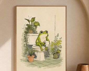 Divertido póster de pared con forma de rana en el inodoro, adorable decoración de baño estilo cottagecore.