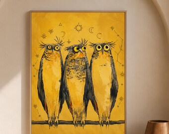 Lámina artística de tres búhos divertidos, póster vintage celestial de animales, arte de pared de búhos adorable y original.