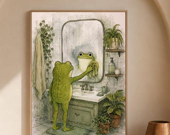 Lindo espejo decorativo de rana para pared, divertido póster de decoración de baño estilo cottagecore