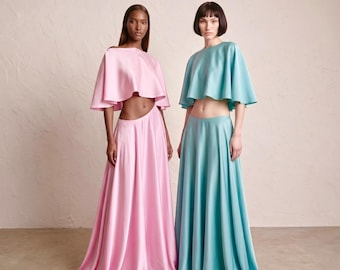 Satin Three Piece Set, Cape Top, Bandeau Crop Top and Maxi Skirt, Wedding Guest Formal Occasion Outfit