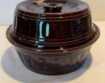 Vintage Brown Bean Pot Covered Casserole Stoneware Dutch Oven Lidded Pottery Crock UAS