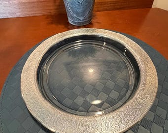 Bandeja de servir de vidrio transparente vintage, bandeja para sándwiches, plato para pasteles de 26,7 cm (10,5 pulgadas) con borde de plata esterlina.