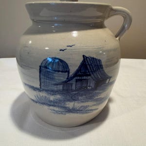 Vintage PR Storie Pottery Marshall TX Blue Barn Silo Lidded Handled Crock Jar Stoneware