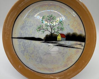 Vintage Japanese Lusterware Bread Dessert Plate Swan Lake Landscape Iridescent Orange Peach Art Deco