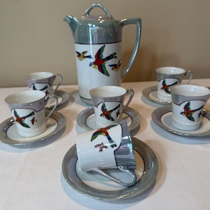 Vintage Noritake Lusterware Coffee Service Set Flying Bird Swallow Motif Japan Service for 6