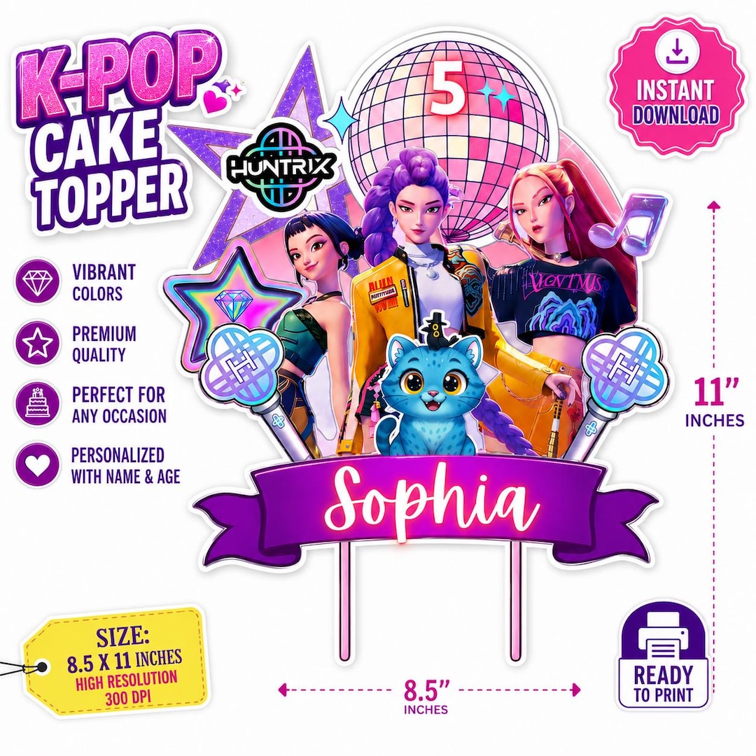 KPop Demon Hunters Cake Topper | Huntrix Birthday Topper | Editable Canva PNG | Kpop Party