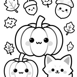 Op de afbeelding: Een zwart-wit lijntekening met twee pompoenen, een kleine vos en diverse herfstachtige elementen zoals eikels en bladeren. Elk figuur en object heeft een eenvoudig, afgerond en glimlachend gezicht met grote zwarte ogen.