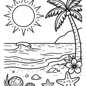 May include: A black and white line art coloring page featuring a beach scene with a bright sun, a tall palm tree, a rolling ocean wave, and a sandy shore decorated with various seashells, a tropical flower, and two starfish scattered on the sand.