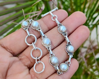 Pearl Gemstone Bracelet, 925 Sterling Silver, Handcraft Bracelet, Wedding Gift, Birthday Event, Woman Jewelry, Unique Jewelry,