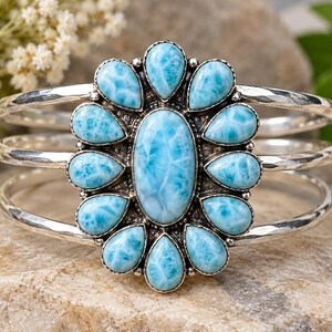 Natural Larimar Cuff Bangle, 925 Sterling Silver, Statement Bangle,  Gift For Her, Ocean Light Blue Gemstone Jewelry,