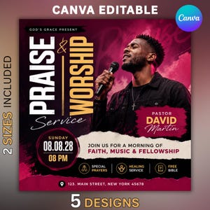 May include: A digital flyer template for a Praise & Worship service featuring a man holding a microphone. Text includes God's Grace Present, Praise & Worship Service, Pastor David Martin, Sunday 08.08.28 08 PM, Join us for a morning of faith, music & fellowship.