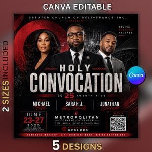 May include: A digital flyer for a Holy Convocation event featuring three people in formal attire. Text includes Greater Church of Deliverance Inc., Holy Convocation 2025, dates June 23-27, Metropolitan Convention Center, and a QR code for registration.