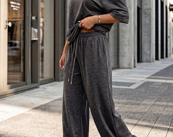 Women's Off Shoulder Lounge Set | Oversized Tee & Wide Leg Sweatpants Outfit