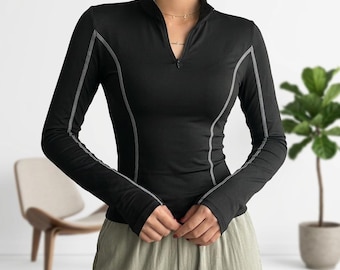 Women's Slim Fit Stand Collar Top | Long Sleeve Half Button Casual Shirt