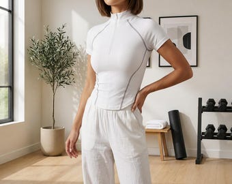 Women's Half Zip Cropped Sports Tee | Fitted Short Sleeve Activewear Top