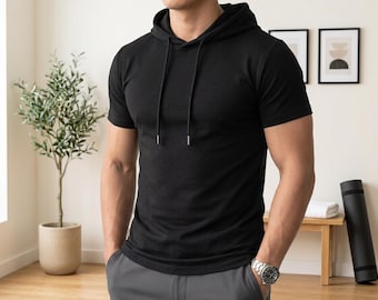 Men's Short Sleeve Hooded T-Shirt | Lightweight Sports Hoodie Top | Casual Gym Workout Shirt