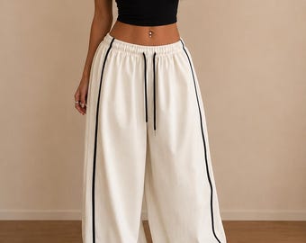 Apricot Wide Leg Drawstring Pants | Casual Barrel Leg Trousers | Streetwear Palazzo Style