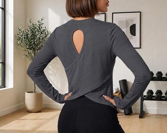 Women's White Cross Strap Long Sleeve Top | Casual Workout Shirt | Loose Fit Activewear Top