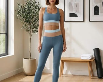 Women's 2 Piece Workout Set | Colorblock Crop Top & High Waist Leggings | Yoga Gym Activewear