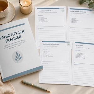 May include: A Panic Attack Tracker booklet with a blue leaf icon and text, accompanied by four loose-leaf pages titled Possible Triggers, During-A Panic-Attack Log, Grounding Techniques List, and Safety Plan, all featuring blue headers and lined sections.