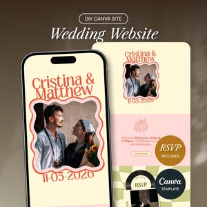 Pode incluir: Um modelo de site de casamento digital exibido em uma tela de smartphone e um layout vertical. O design apresenta o texto Cristina & Matthew, a data 11-05-2026, uma moldura de foto ondulada, um ícone de bola de discoteca, botões RSVP e um rótulo de modelo Canva.