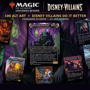 以下が含まれることがあります： Magic: The Gathering Universes Beyond Disney Villainsのプロモーション画像。7枚のトレーディングカードが配置されています。中央のカードには「死の王、ハデス」が描かれ、その周囲には「イーヴィル・クイーン」や「プリンス・ジョン」などの悪役カードが並んでいます。