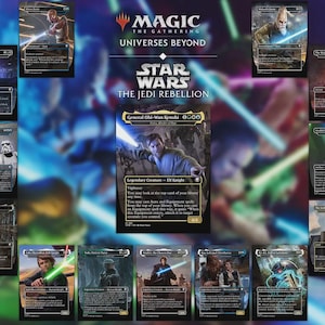 Può includere: Una collezione di carte collezionabili Magic The Gathering Universes Beyond Star Wars The Jedi Rebellion. La carta centrale raffigura il Generale Obi-Wan Kenobi, circondata da varie carte personaggio e luogo, tra cui Luke Skywalker e Han Solo.