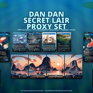 May include: A Dan Dan Secret Lair proxy set featuring 80 cards with aquatic and landscape illustrations. The collection includes fish creature cards, spell cards, and island land cards with blue borders and detailed fantasy artwork for casual play.