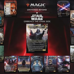 May include: A Magic: The Gathering Universes Beyond Star Wars promotional display featuring a central Darth Vader, Lord of the Sith card surrounded by various character and scene cards including Anakin Skywalker, Darth Maul, and Grand Admiral Thrawn.